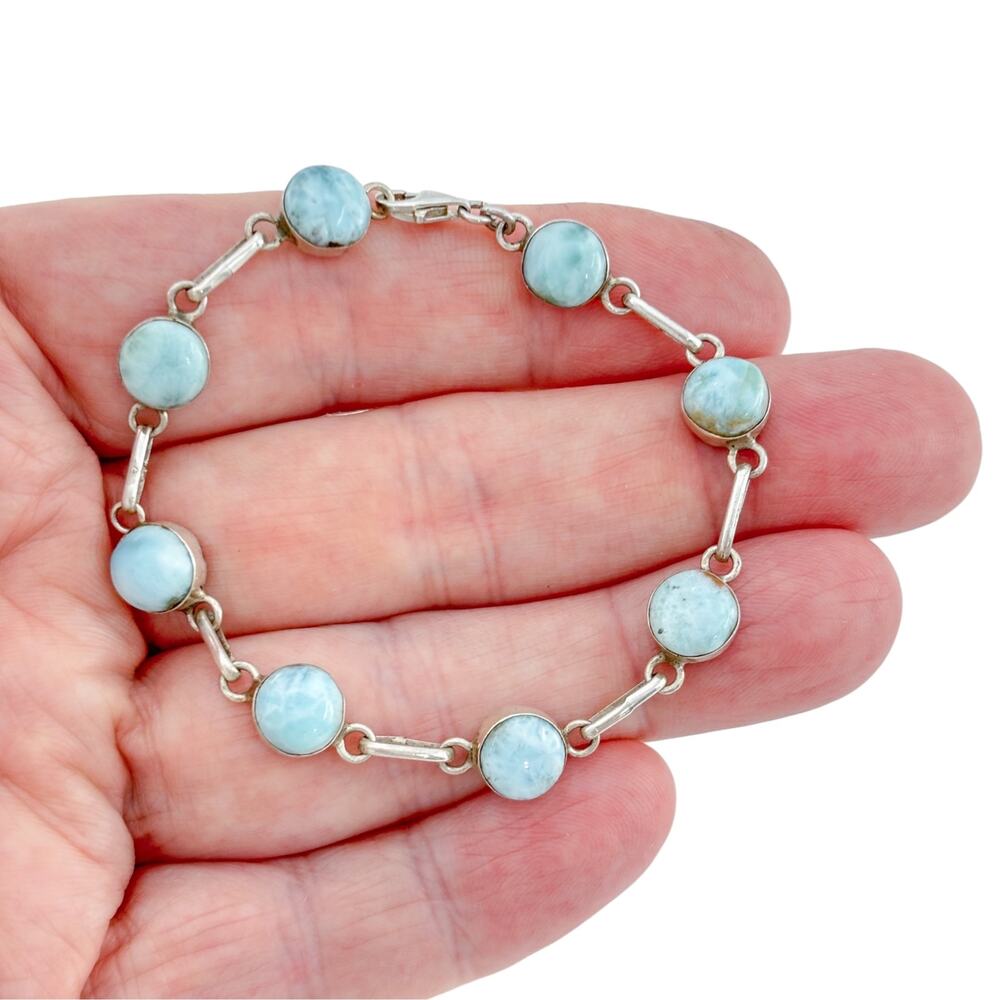 Vintage Sterling Silver 925 Round Cabochon Larimar Bracelet 7 inch